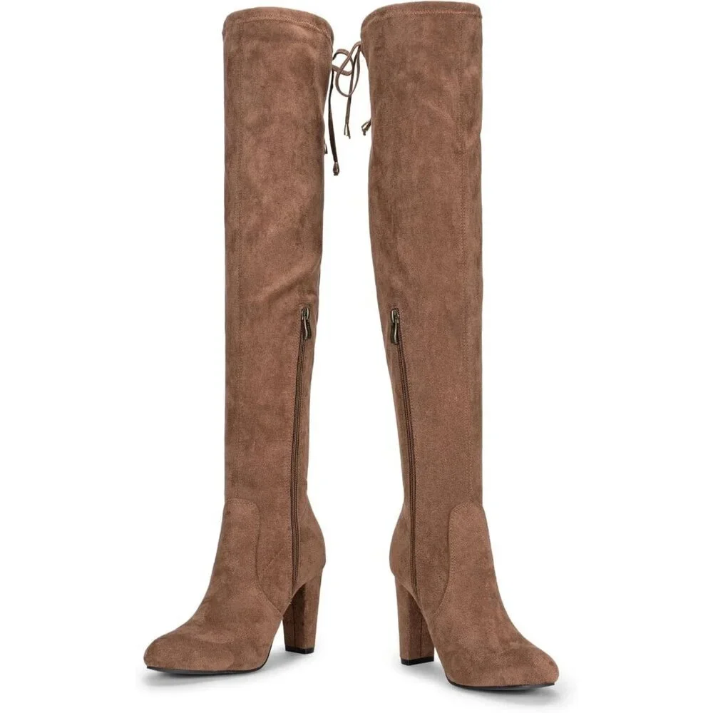 Women's Mocha Toffee Suede Inner Zipper Thigh High Over The Knee High Heel Boots